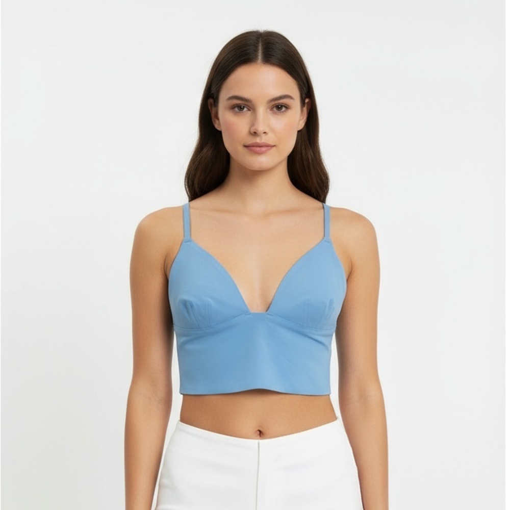 Free People Longline Small Light Blue Bralette Crop Top‎ Deep V-Neck Adjustable